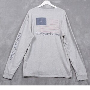 VINEYARD VINES Hockey Flag Graphic Long Sleeve Pocket T-Shirt‎ Gray Mens XL